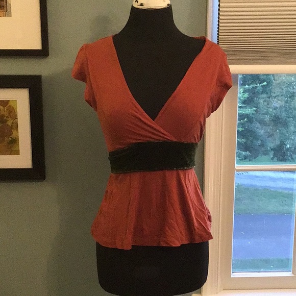 Anthropologie Tops - Anthropologie Orange Shirt w Green Velvet Detail